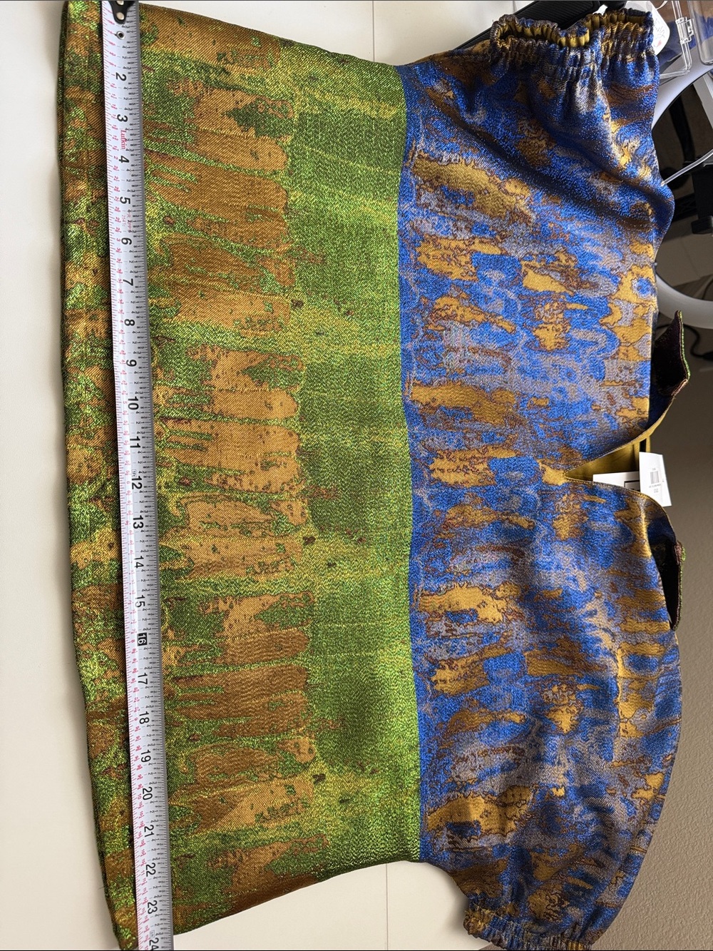 THML Blue, Green & Gold Metallic Short-Sleeve Jacquard Blouse - Picture 7 of 8